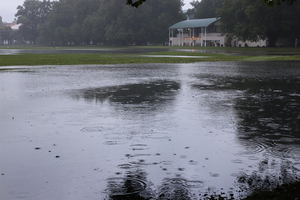 Rain continues to fall on flooded Victoria Park in central Auckland the morning after record heavy rain on January 28, 2023 in Auckland, New Zealand.