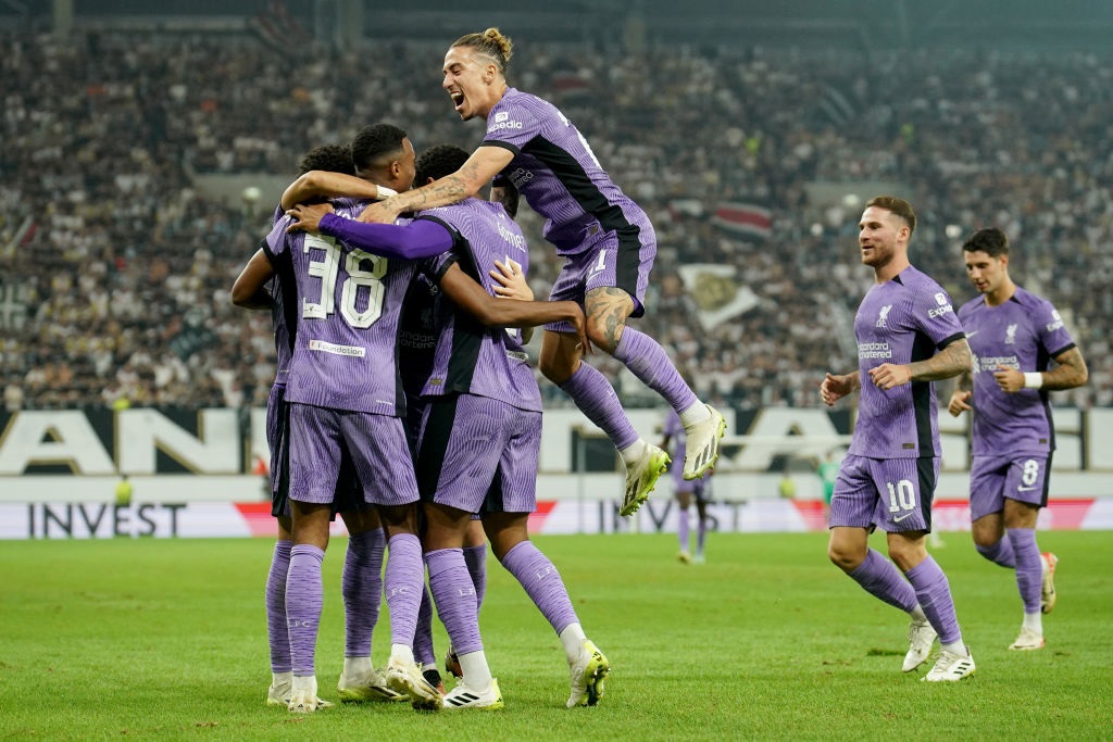 LINZ, AUSTRIA - SEPTEMBER 21: Kostas Tsimikas of Liverpool celebrates with teammates after Luis Diaz (obscured) scores the teams second goal during the UEFA Europa League 2023/24 group stage match between LASK and Liverpool FC on September 21, 2023 in Linz, Austria. (Photo by Christian Hofer/Getty Images)