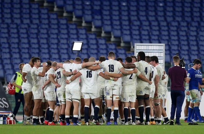 England huddle after  the 2020 Guinness Six Nations match between Italy and England at Olimpico Stadium on October 31, 2020 in Rome, Italy. Sporting stadiums around Italy remain under strict restrictions due to the Coronavirus Pandemic as Government social distancing laws prohibit fans inside venues resulting in games being played behind closed doors. (Photo by Paolo Bruno/Getty Images)