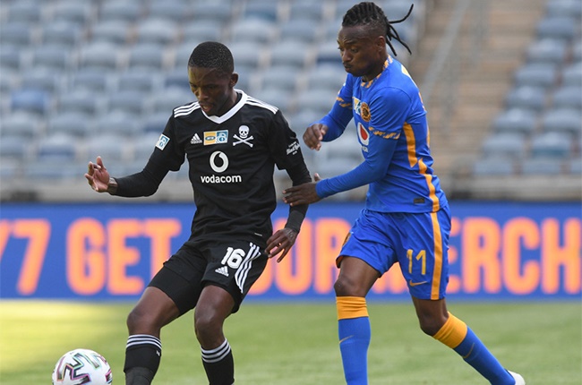 Thabang Monare of Orlando Pirates challenges Khama Billiat of Kaizer Chiefs during the 2020 MTN8 Semi Final 1st Leg match between Orlando Pirates and Kaizer Chiefs on the 31 October 2020 at Orlando Stadium, Soweto.