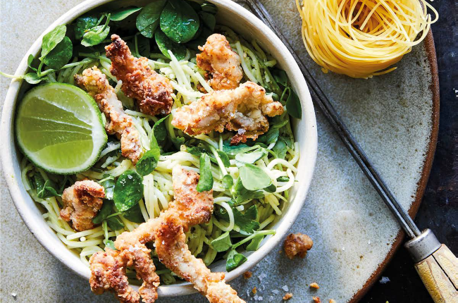 This basil pesto noodles with crumbled chicken will is the perfect combination of flavours.