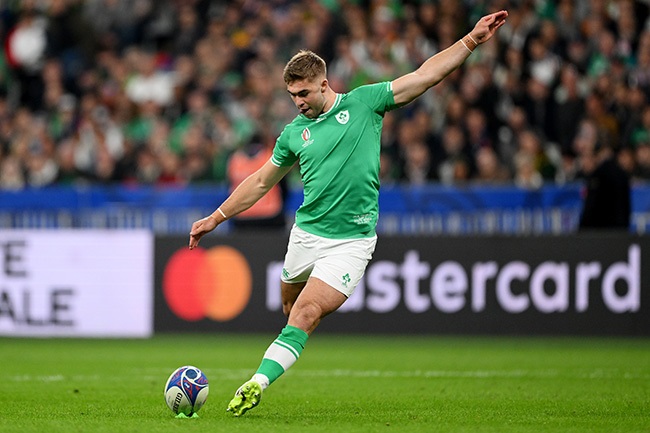 Ireland's Jack Crowley kicks a penalty against South Africa. (Photo by Laurence Griffiths/Getty Images)