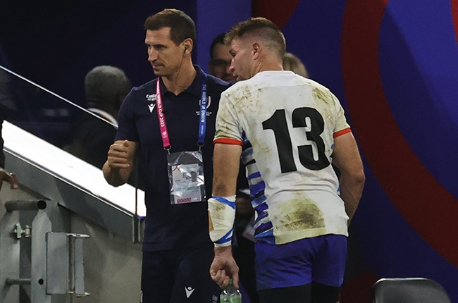 Johan Deysel of Namibia walks down the tunnel after being red carded (Getty)