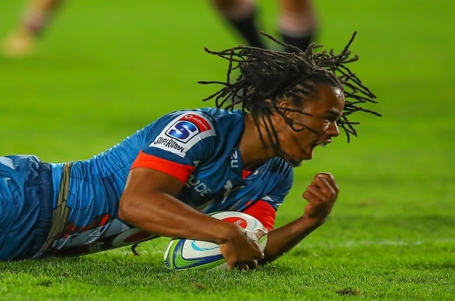 Stedman Gans of the Vodacom Bulls scores a try during the Super Rugby Unlocked match between Emirates Lions and Vodacom Bulls at Emirates Airline Park on November 07, 2020 in Durban, South Africa. (Photo by Gordon Arons/Gallo Images)