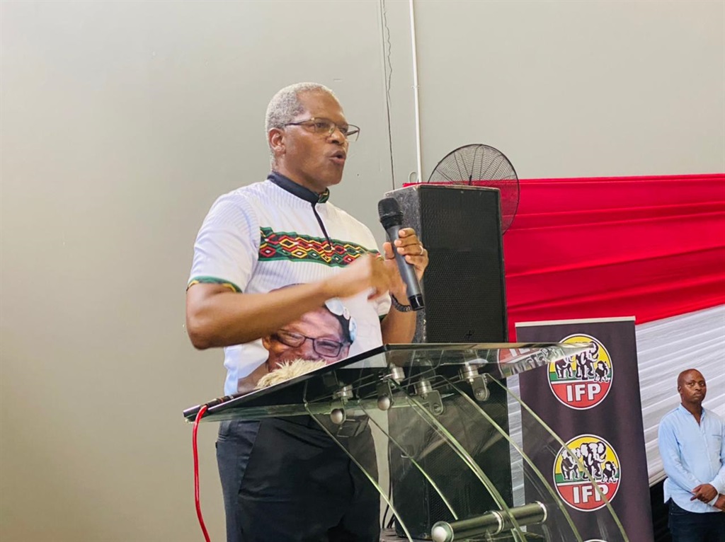 IFP president Velenkosini Hlabisa addressed members during the opening of the party's new office. Photo by Xolile Nkosi