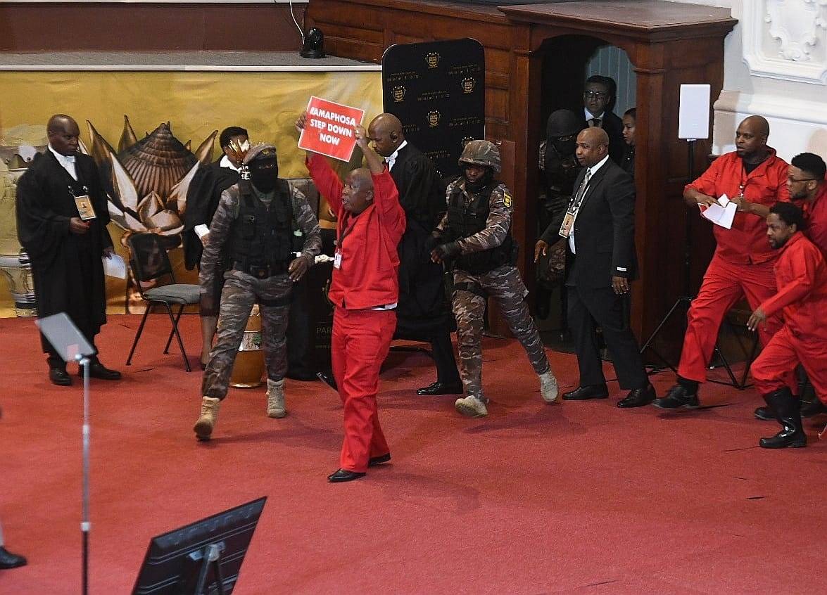 EFF leader Julius Malema and his henchmen storming the stage during President Cyril Ramaphosa’s State of the Nation Address in February.