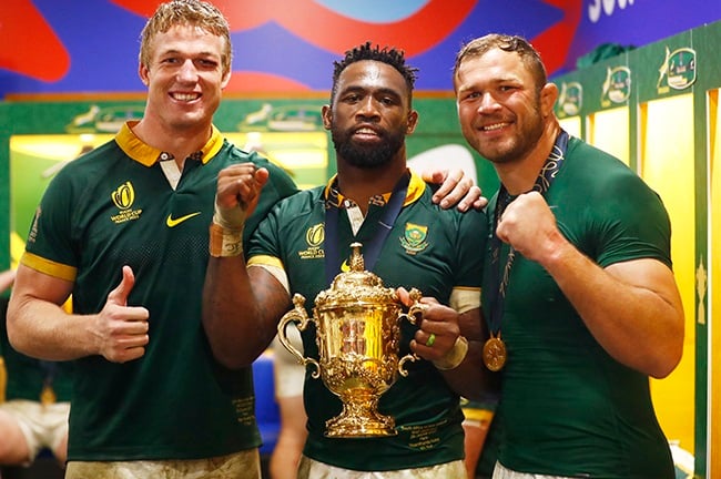 Pieter-Steph du Toit, Siya Kolisi and Duane Vermeulen pose with the Webb Ellis Cup. (Photo by Steve Haag/Gallo Images)