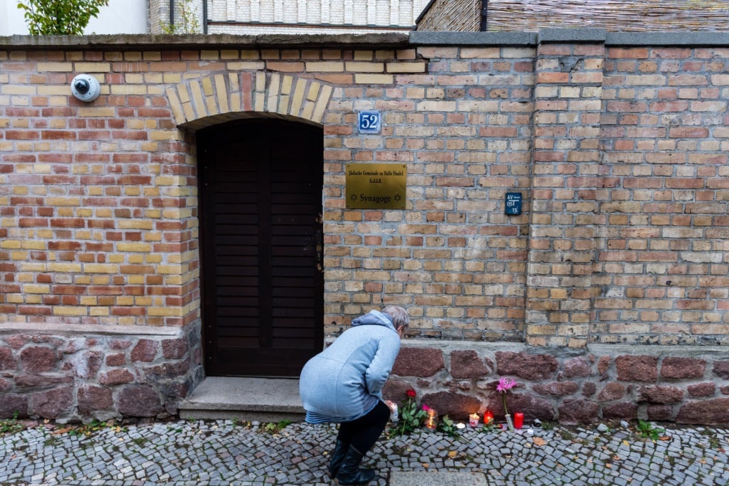 The entrance door to the Jewish synagogue in Halle, Germany where an attacker tried to gain access after killing two people on the street. (Photo by Jens Schlueter/Getty Images)