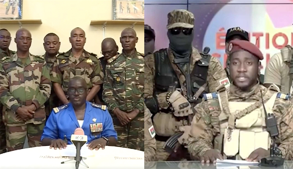 Soldiers appear on television to announce the ouster of President Mohamed Bazoum in Niger, on 27 July 2023 (left), and the overthrow of Burkina Faso's previous military government, on 30 September 2022 (right). (Getty)