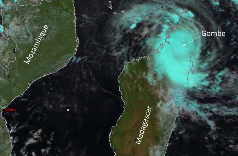 Figure 1: Day Natural Colour RGB satellite image showing current location of Gombe over northern Madagascar on March 8, 2022 at 9am SAST. 