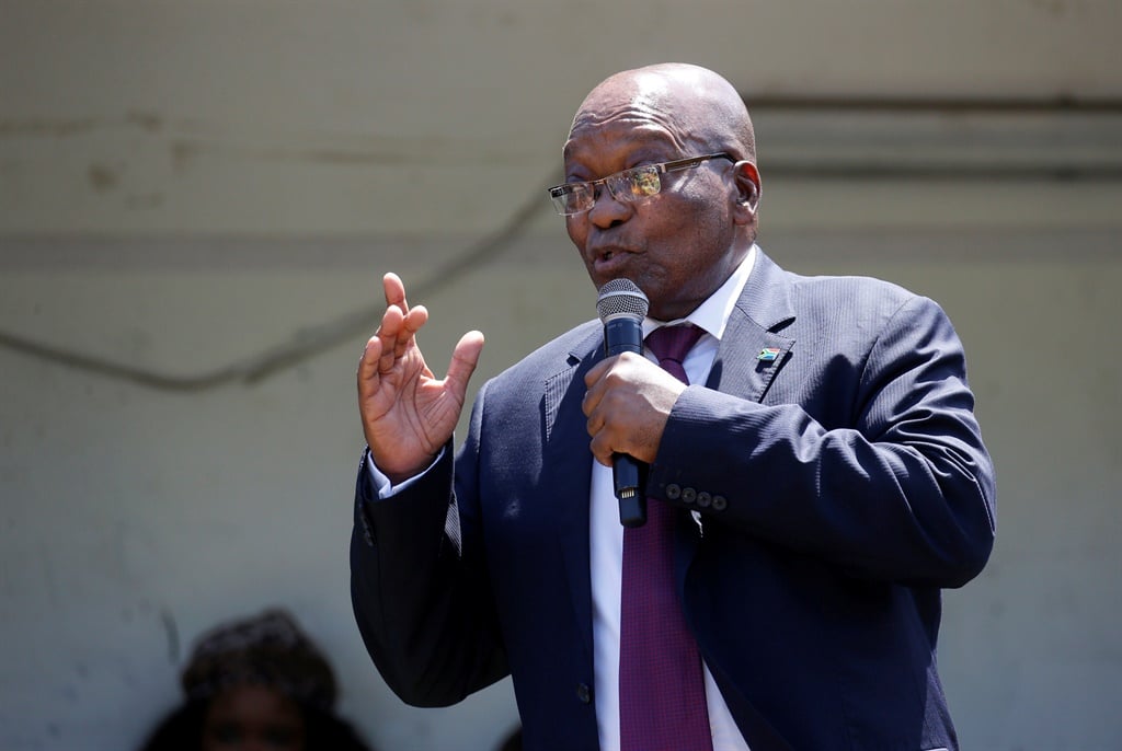Former South African President Jacob Zuma speaks to supporters after appearing in the High Court where he faces charges that include fraud, corruption and racketeering, in Pietermaritzburg. Picture: REUTERS/Rogan Ward 