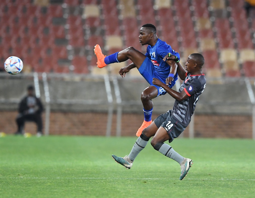 POLOKWANE, SOUTH AFRICA - SEPTEMBER 29: Siyabonga Nhlapo of SuperSport United and Onkabetse Makgantai of Gaborone United during the CAF Confederation Cup, 2nd preliminary round - leg 2 match between SuperSport United and Gaborone United at Peter Mokaba Stadium on September 29, 2023 in Polokwane, South Africa. (Photo by Philip Maeta/Gallo Images)