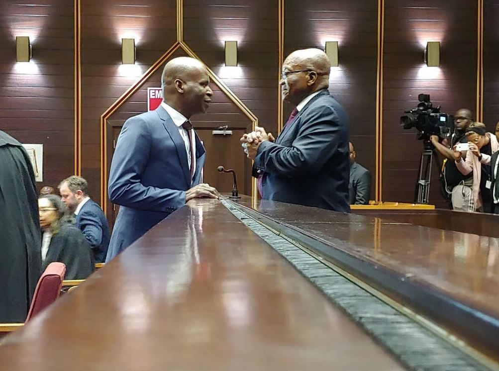 Former president Jacob Zuma consults with his lawyer Daniel Mantsha in the KwaZulu-Natal High Court in Pietermaritzburg. (Kaveel Singh, News24)