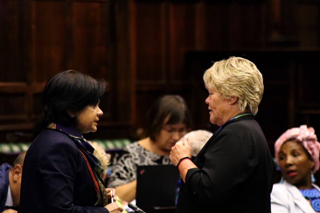 NDPP Shamila Batohi and DA MP Glynnis Breytenbach in conversation after the meeting of the Portfolio Committee on Justice and Correctional Services. (Jan Gerber/News24)