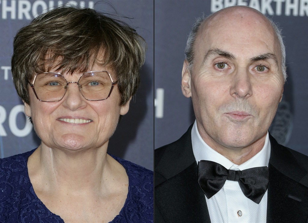 This combination of pictures created on October 02, 2023 shows portraits of Hungarian-US biochemist Katalin Kariko (L) and US physician-scientist Dr. Drew Weissman during the ninth Breakthrough Prize awards ceremony at the Academy Museum of Motion Pictures in Los Angeles, April 15, 2023.