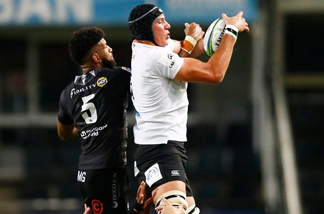JP du Preez of the Cheetahs out-jumps Hyron Andrews of the Sharks during their Super Rugby Unlocked encounter at Kings Park on 6 November 2020.