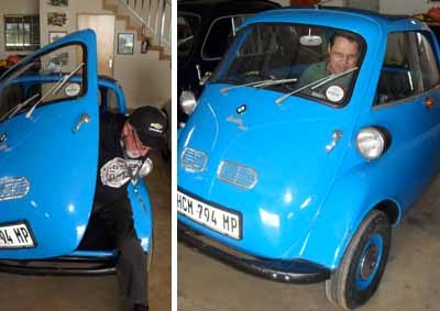<b>OPEN DOOR POLICY:</b> Dave Fall enters and leaves the BMW Isetta through its front-facing door as the steering wheel and instruments swing out of the way. Could it make a comeback? <i>Images: SUPPLIED ('cos that's Dave on the left)</i>