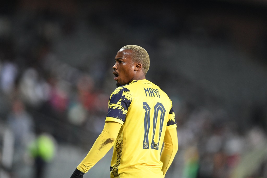 Khanyisa Mayo of Cape Town City FC during the DStv Premiership match between Orlando Pirates and Cape Town City FC at Orlando Stadium on August 29, 2023 in Johannesburg, South Africa. 