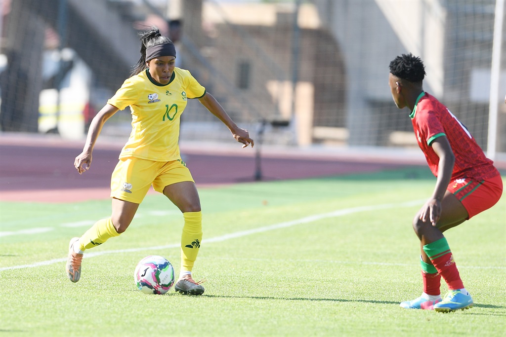 PRETORIA, SOUTH AFRICA - OCTOBER 04:  Green Khumalo of Malawi  and Nicole Micheal of South Africa during the 2023 Hollywoodbets COSAFA Womens Championship match between South Africa and Malawi at Lucas Moripe Stadium on October 04, 2023 in Pretoria, South Africa. (Photo by Lefty Shivambu/Gallo Images)