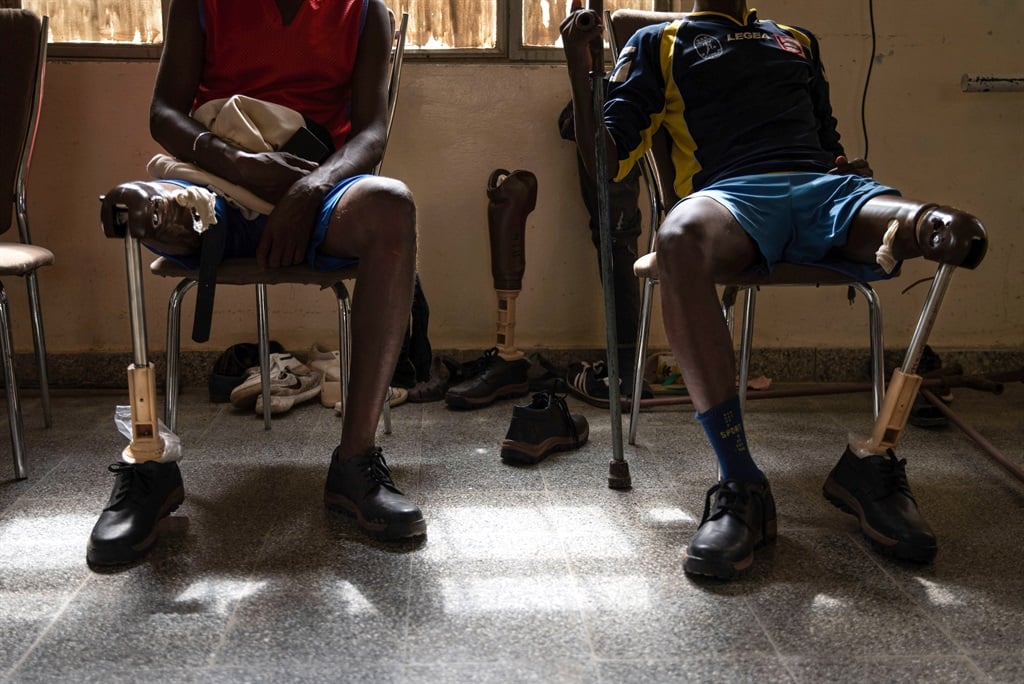 Tigray war amputees pose before a rehabilitation exercises at a center in Mekele. (Photo by Ximena Borrazas/SOPA Images/LightRocket via Getty Images)