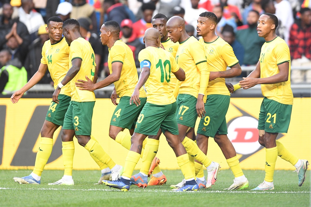 Lyle Foster of South Africa celebrates his goal with team mates during the international friendly match between South Africa and DR Congo at Orlando Stadium on September 12, 2023 in Johannesburg, South Africa.