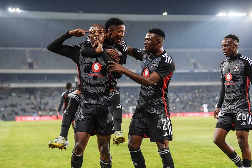 Zakhele Lepasa of Orlando Pirates celebrates his goal with teammates during the DStv Premiership match between Orlando Pirates and Royal AM at Orlando Stadium on August 08, 2023 in Johannesburg, South Africa. 
