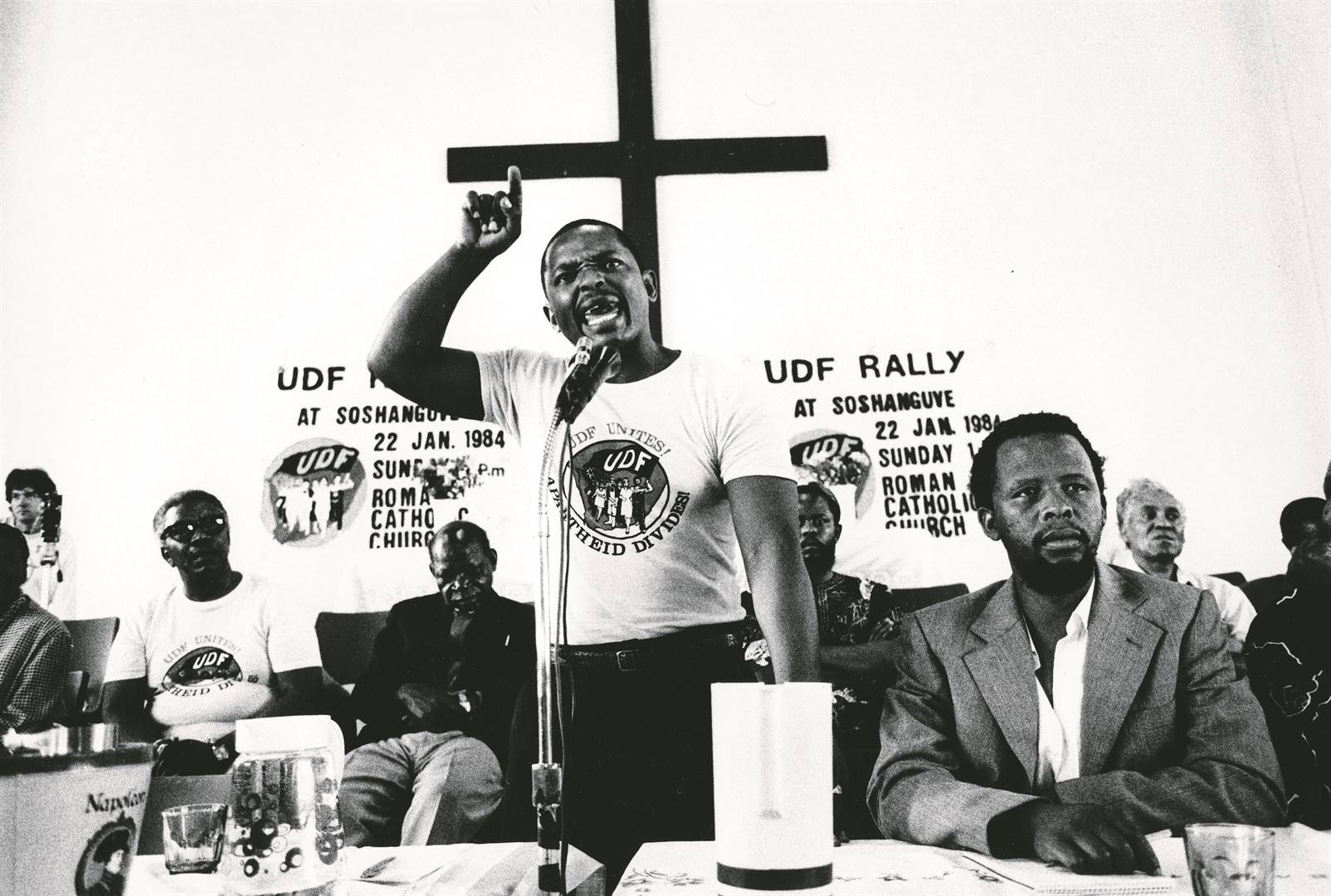 Addressing a crown in Soshanguve in 1984 is the young fiery Mosiuoa Lekota who was then known by his nickname Terror, frightened the apartheid apparatus