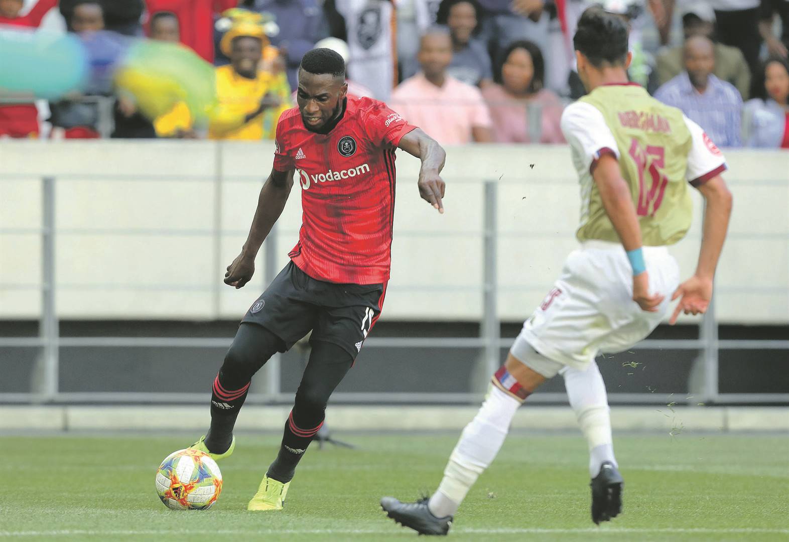 Orlando Pirates midfielder Fortune Makaringe drives the ball past a Stellenbosch FC player during their Absa Premiership match at Cape Town Stadium. Picture: Carl Fourie/Gallo Images
