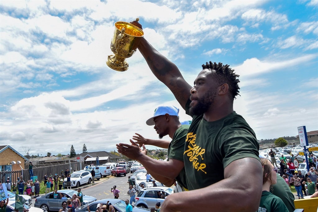 Springbok captain Siya Kolisi and wing Makazole Mapimpi during the East London leg of the World Cup victory trophy tour.