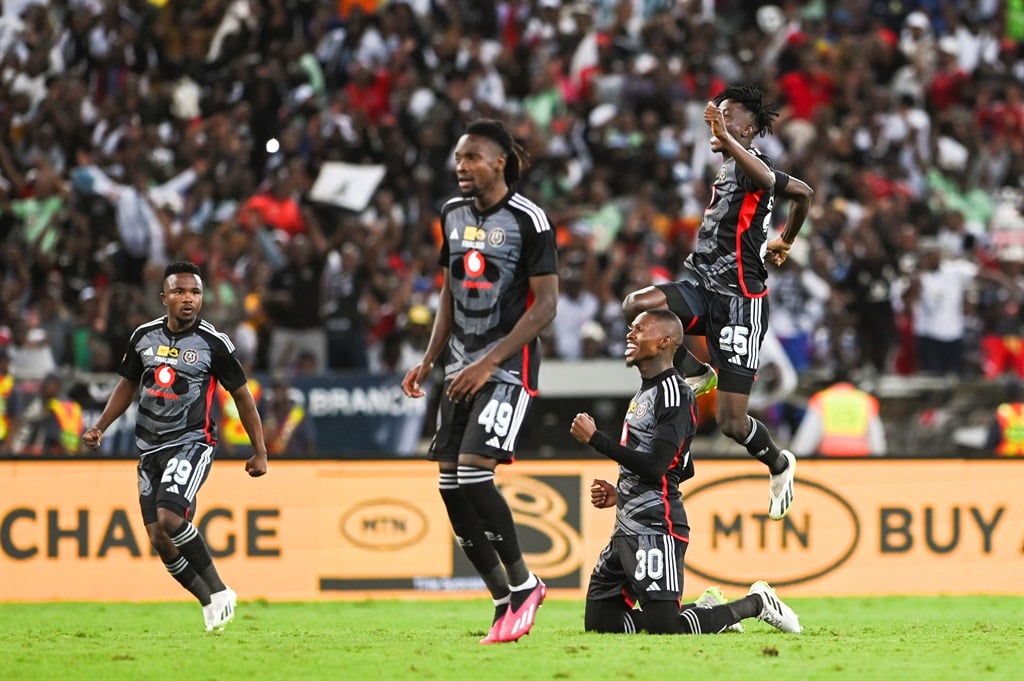 DURBAN, SOUTH AFRICA - OCTOBER 07: Orlando Pirates celebrate during the MTN8 final match between Orlando Pirates and Mamelodi Sundowns at Moses Mabhida Stadium on October 07, 2023 in Durban, South Africa. (Photo by Darren Stewart/Gallo Images)