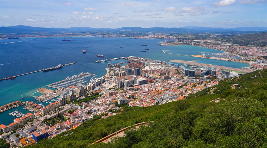 Aerial view of the city centre of Gibraltar, an Overseas Territory of the United Kingdom located in the South of Spain in the Mediterranean Sea