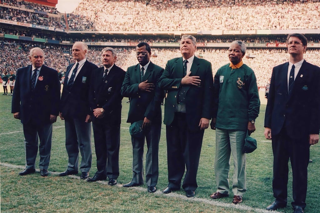 Louis Luyt stands to the left of Nelson Mandela during the 1995 Rugby World Cup final match between South Africa and New Zealand at Ellis Park on June 24, 1995 in Johannesburg. (Wessel Oosthuizen/Gallo Images)