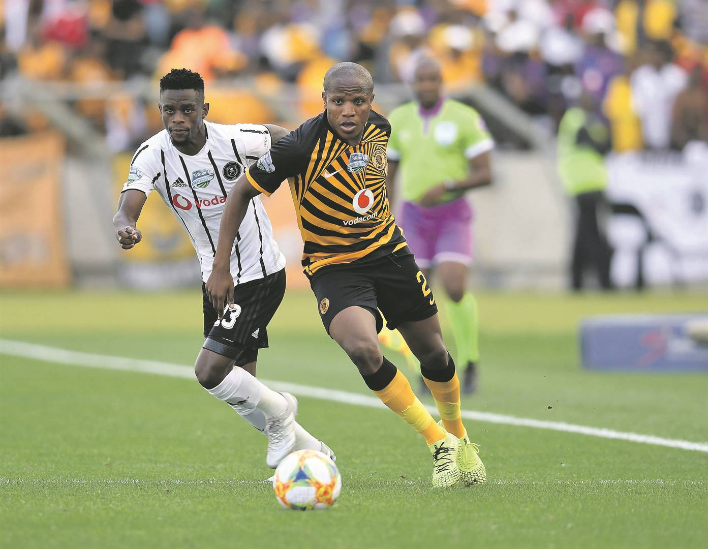 Lebogang Manyama of Kaizer Chiefs and Innocent Maela of Orlando Pirates during the Telkom Knockout quarter-final match between the two teamsat Moses Mabhida Stadium on November 2 2019 in Durban. Picture: Anesh Debiky / Gallo Images