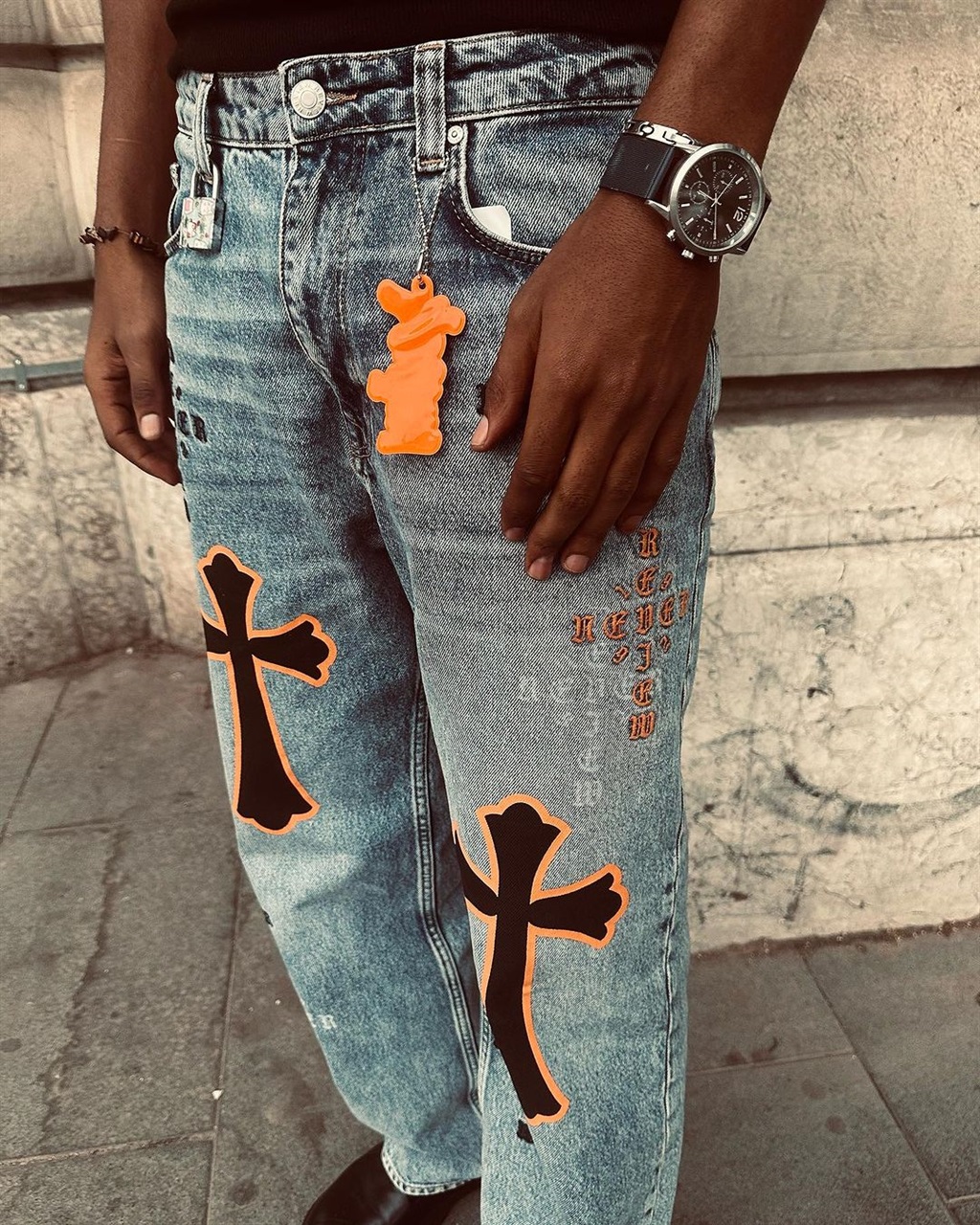 Siyabonga Ngezana's Chome Hearts vintage jeans.