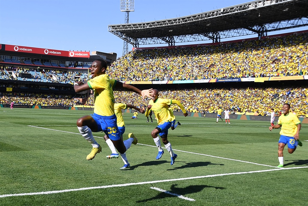 PRETORIA, SOUTH AFRICA - NOVEMBER 12: Peter Shalulile of Mamelodi Sundowns celebrates scoring a goal  during the African Football League, Final - 2nd Leg match between Mamelodi Sundowns and Wydad AC at Loftus Versfeld on November 12, 2023 in Pretoria, South Africa. (Photo by Lefty Shivambu/Gallo Images)