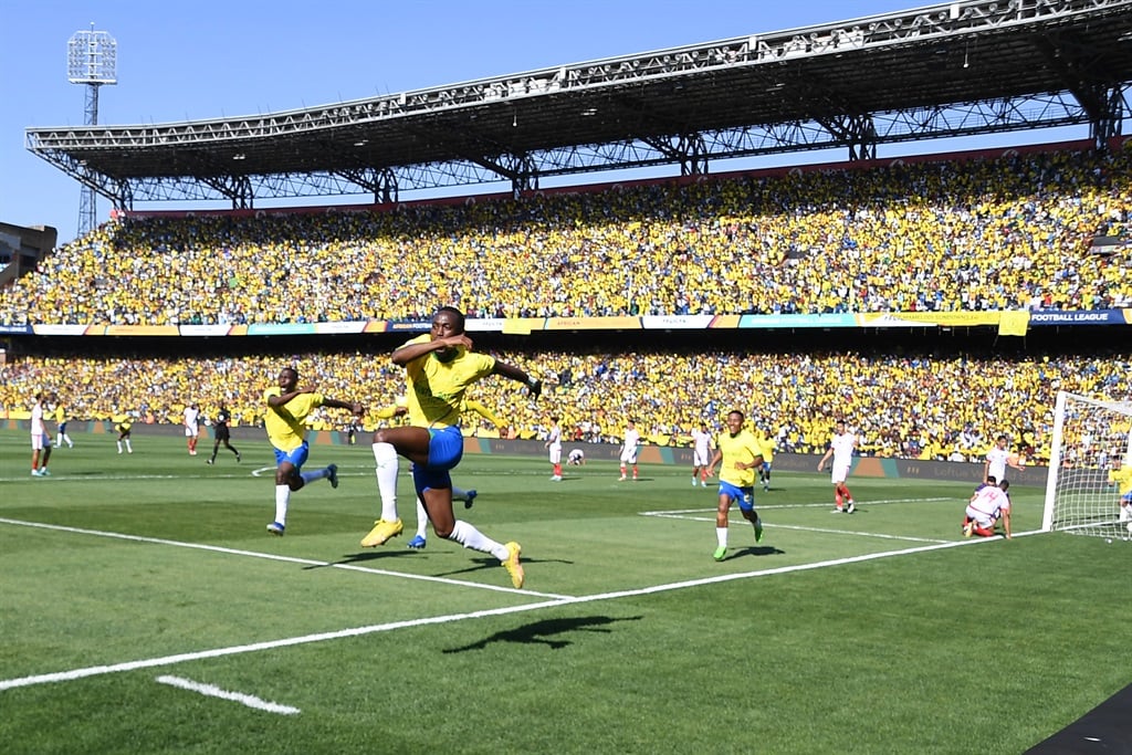 PRETORIA, SOUTH AFRICA - NOVEMBER 12: Peter Shalulile of Mamelodi Sundowns celebrates scoring a goal  during the African Football League, Final - 2nd Leg match between Mamelodi Sundowns and Wydad AC at Loftus Versfeld on November 12, 2023 in Pretoria, South Africa. (Photo by Lefty Shivambu/Gallo Images)