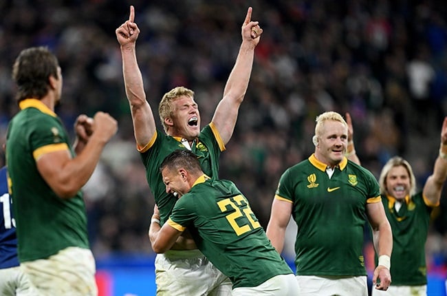 Pieter-Steph Du Toit and Handre Pollard of South Africa celebrate (Getty)