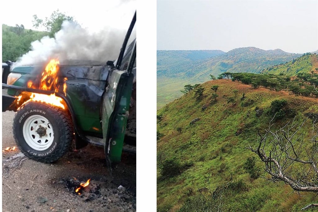 A photo of the vehicle attacked supplied by the Ugandan Police Force, and a view of the Queen Elizabeth National Park, via Getty.