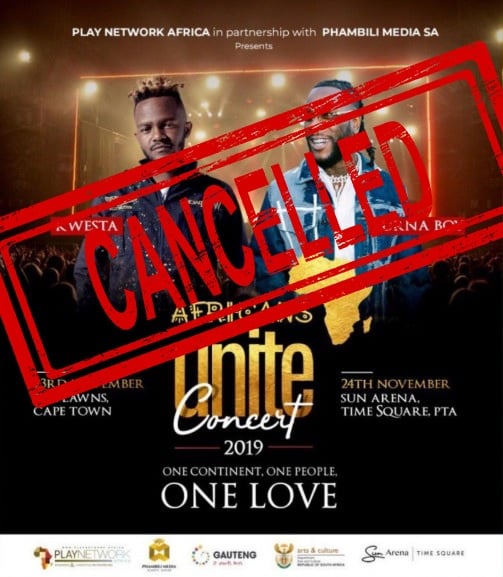 Africa Unite concert cancelled.