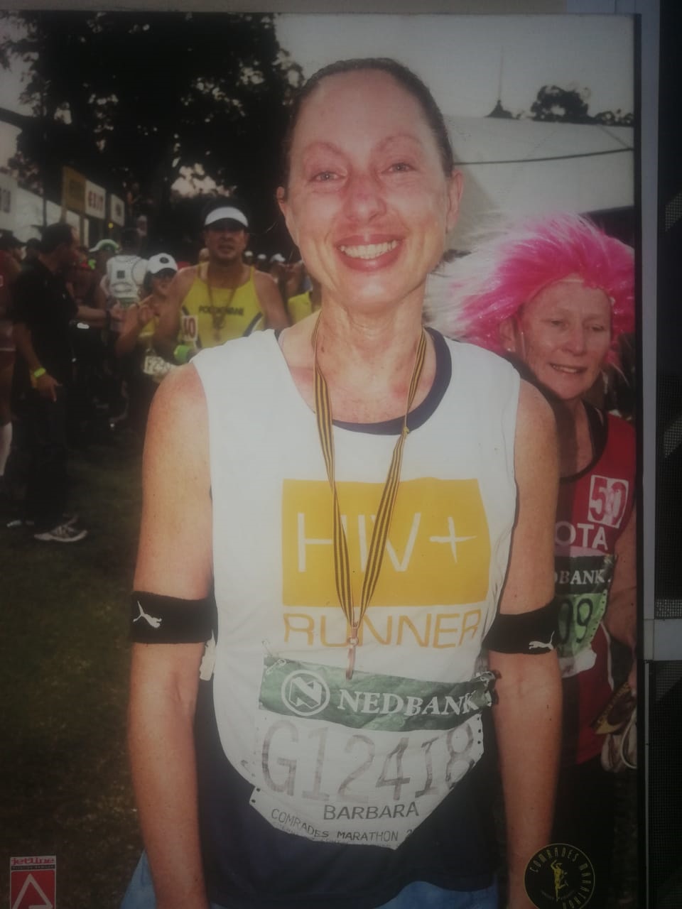 Barbara Kingsley at the Comrades finishing line in 2013 (supplied) 