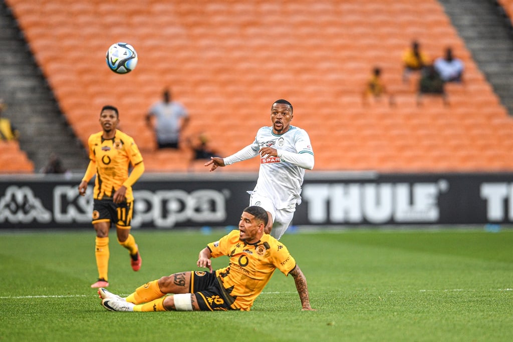 JOHANNESBURG, SOUTH AFRICA - OCTOBER 21: Thembela Sikhakhane of  AmaZulu FC  and Keagan Dolly of Kaizer Chiefs  during the Carling Knockout match between Kaizer Chiefs and AmaZulu FC at FNB Stadium on October 21, 2023 in Johannesburg, South Africa. (Photo by Lefty Shivambu/Gallo Images)