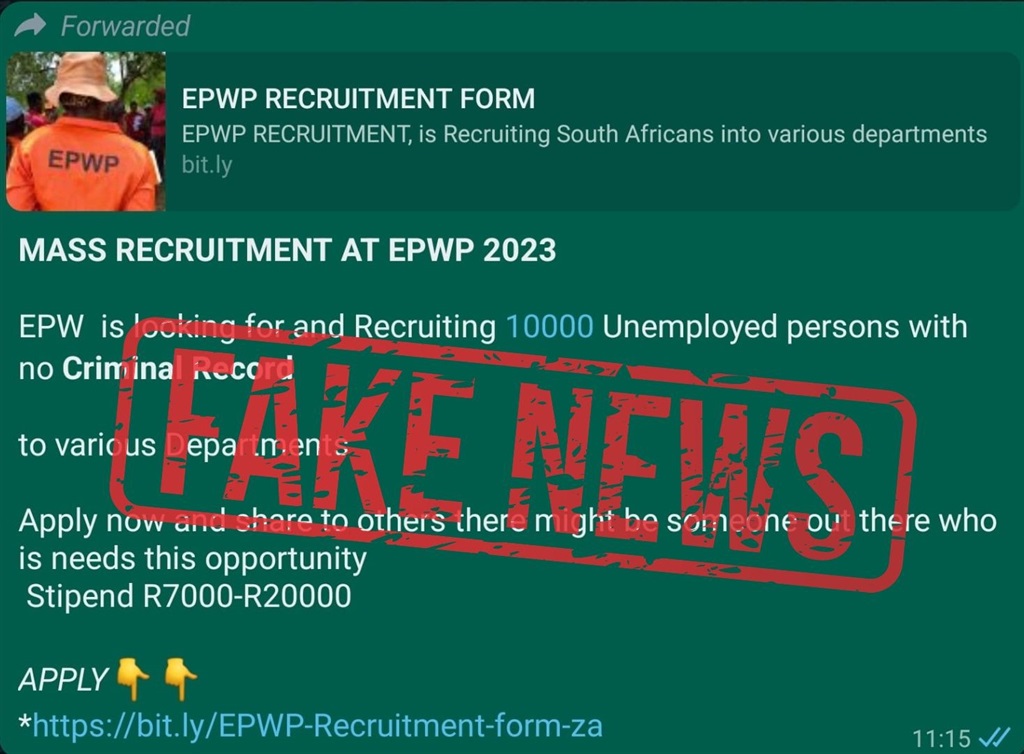 City of Cape Town is warning residents about a fake EPWP job advert.