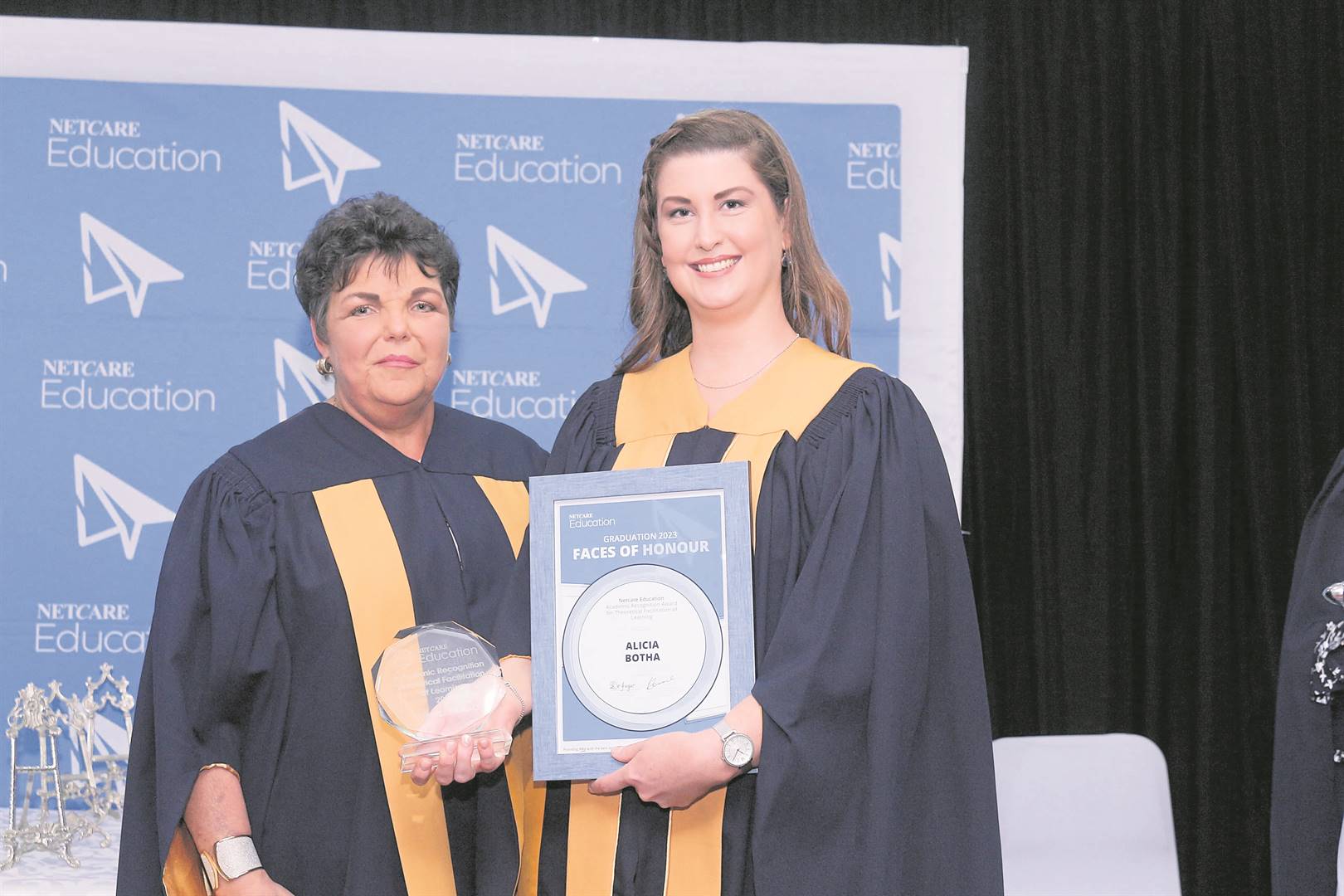 Toy Vermaak, manager Netcare Faculty of Nursing and Ancillary Healthcare, and Alicia Botha, campus based academic staff member and recipient of the Netcare Education Academic recognition Award for Theoretical Facilitation of Learning.
