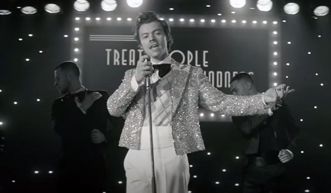 Harry Styles in his newly released music video for the song Treat People With Kindness from his album, Fine Lines. (Screenshot: YouTube/Harry Styles)