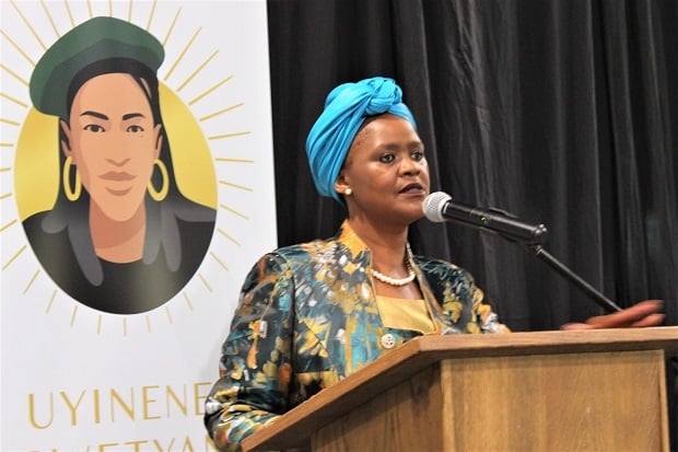 Nomangwane Mrwetyana speaks about her daughter at the launch of the Uyinene Mrwetyana Foundation in the High Performance Centre at Kingswood College on 29 November. (Sue Maclennan, Grocott's Mail)