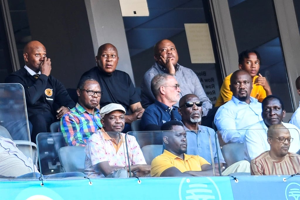 JOHANNESBURG, SOUTH AFRICA - FEBRUARY 25: Kaizer Motuang jnr, Kaizer Motaung and Bobby Motaung during the DStv Premiership match between Kaizer Chiefs and Orlando Pirates at FNB Stadium on February 25, 2023 in Johannesburg, South Africa. (Photo by Frennie Shivambu/Gallo Images)
