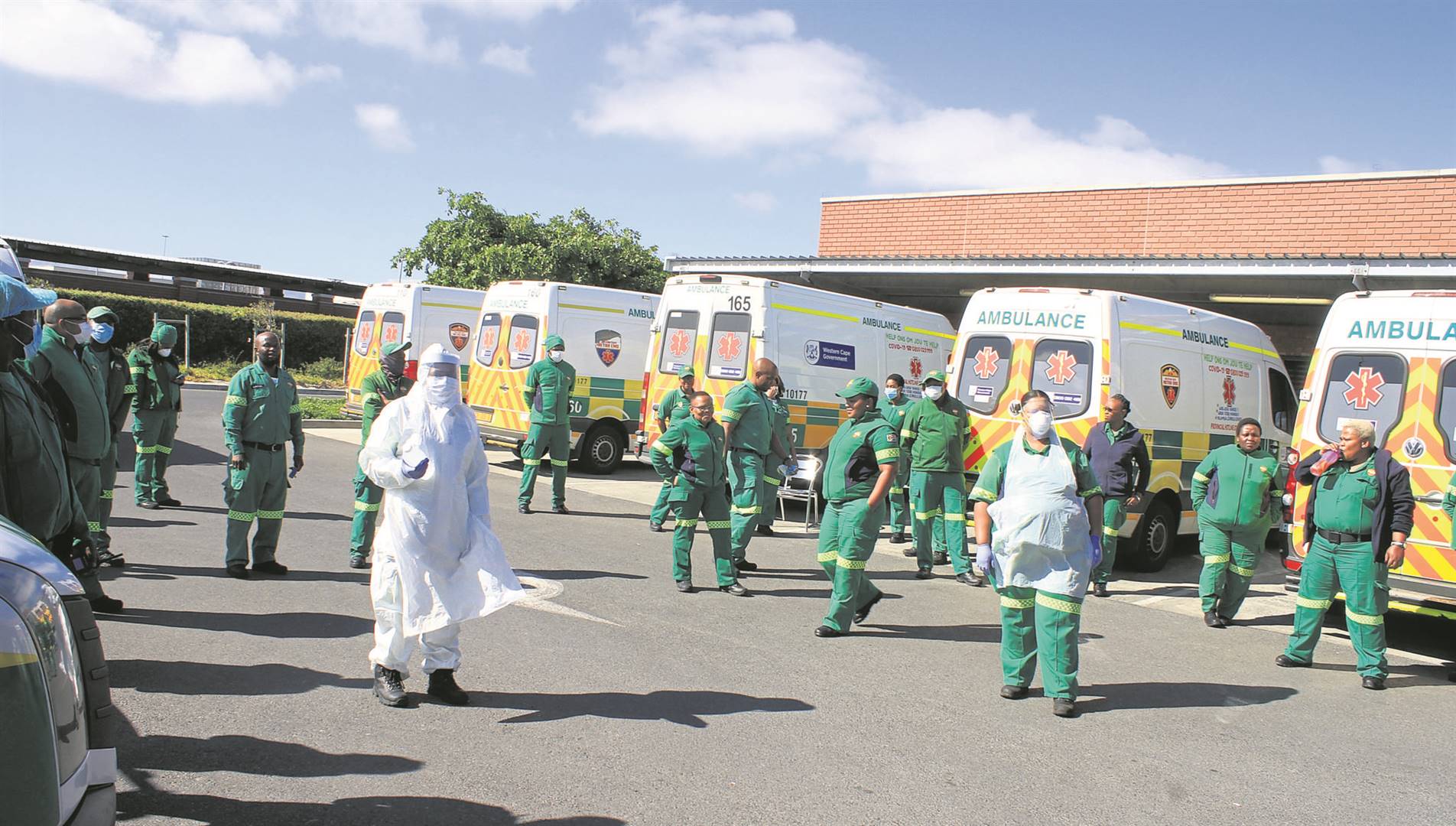 Emergency services workers park their ambulances all day after refusing to work over lack of protective equipment. Photo: Lindile Mbontsi/File