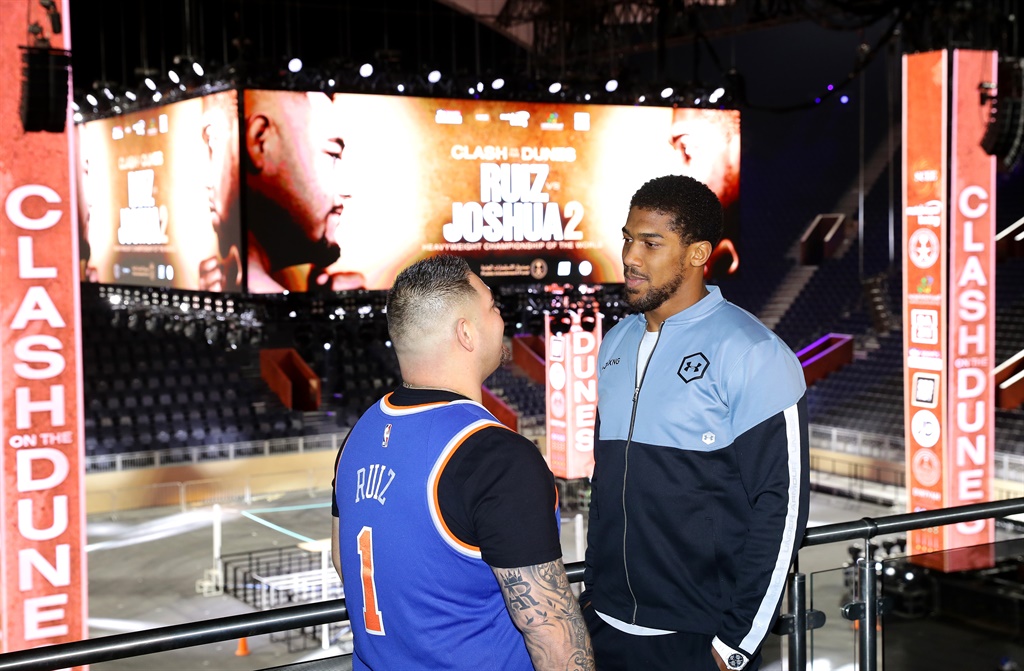 Anthony Joshua and Andy Ruiz Jr inside the Diriyah Arena during the Clash On The Dunes Press Conference at the Diriyah Arena on December 04, 2019 in Diriyah, Saudi Arabia. Picture: by Richard Heathcote/Getty Images)