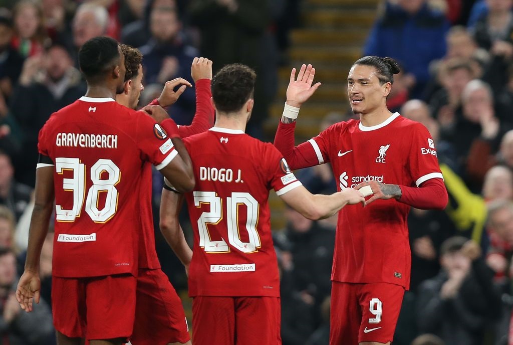 LIVERPOOL, ENGLAND - OCTOBER 26: GOAL 3-1 Darwin Nunez of Liverpool goal celebration with Diogo Jota of Liverpool during the UEFA Europa League 2023/24 match between Liverpool FC and Toulouse FC at Anfield on October 26, 2023 in Liverpool, England. (Photo by MB Media/Getty Images)