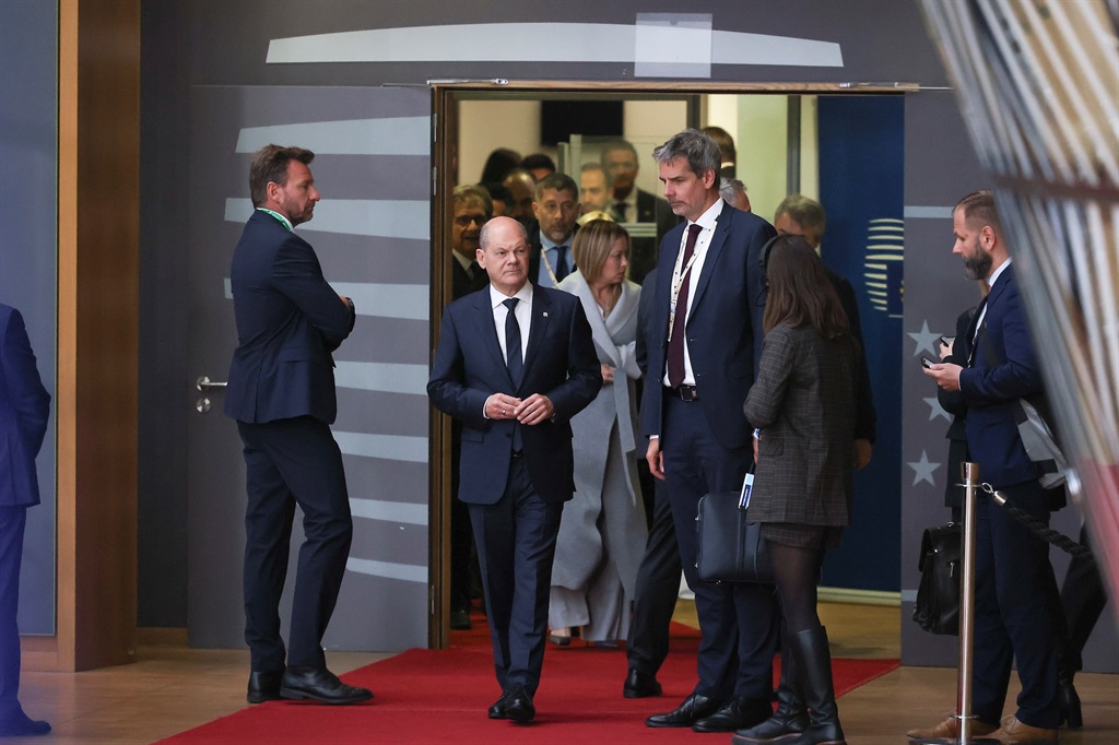 Federal Chancellor of Germany Olaf Scholz arrives at the European Council, the EU leaders meeting at the headquarters of the European Union. (Photo by Nicolas Economou/NurPhoto via Getty Images)